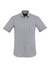 A short sleeve button-up shirt in grey with a single chest pocket and a logo.