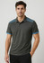 A short sleeve polo shirt in dark grey with blue accents on the shoulders and sleeves, featuring a logo.