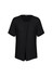 A black short sleeve T-shirt with a round neckline and a relaxed fit, featuring a subtle front drape.