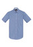 A blue and white checkered short sleeve button-up shirt with a pocket and a logo on the collar.