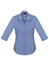A women's 3/4 sleeve button-up shirt in a blue checkered pattern with a collar and branding.