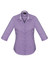 A purple and white check 3/4 sleeve button-up shirt with a collar and a logo.