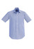 A light blue short sleeve button-up shirt with a collar and a logo on the chest.