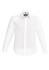 A white long sleeve button-up shirt with a collar, featuring a logo on the inside.