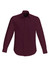 A burgundy long sleeve button-up shirt with a classic collar and a logo on the label.