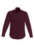 A burgundy long sleeve button-up shirt featuring a collar and cuffs, with a logo on the label.