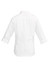 A white women's button-up shirt with 3/4 sleeves and a collar, featuring a logo on the back.