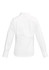 A white long sleeve women's button-up shirt, featuring a classic collar and buttoned cuffs, with a logo on the back.