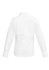 A white women's button-up shirt with long sleeves and a back view, featuring a collar and elegant design.