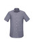 A short sleeve button-up shirt in a blue grey tone with a pocket and a logo on the chest.