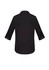 A black 3/4 sleeve button-up women's shirt with a collar and rolled sleeves. Features a logo on the back.