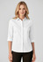 A white women's button-up shirt with 3/4 sleeves, featuring a collar and a fitted design.