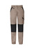 A pair of women's work pants in beige with black panels, featuring pockets and an elasticated cuff.