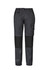 Women's streetwear tough pants in dark grey with black panel accents and a cargo pocket. Features a logo.