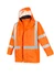 A bright orange waterproof jacket with reflective stripes and a hood, featuring a branded logo.