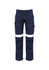 Navy cargo pants featuring reflective stripes and side pockets, with an orange logo on the side.