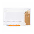 A clear pencil case containing coloured pencils, a ruler, an eraser, and a pen, featuring an orange accent.
