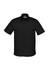 A short sleeve black button-up shirt featuring two chest pockets and a logo on the sleeve.