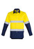 A long sleeve men's work shirt in high-visibility yellow and navy, featuring reflective hoop tape and a logo.