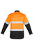 Men's industrial long sleeve shirt in orange and black, featuring reflective hoop tape and a branding logo.