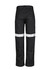 Black work pants with reflective tape on the sides, featuring multiple pockets and a logo on the back.