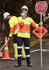 Two workers in high-visibility workwear, one holding a stop sign and the other using tools, with road signage in the background.