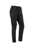 A pair of black stretch work pants featuring textured detailing and a logo.