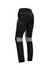 A pair of black work pants featuring grey detailing and a logo, designed for comfort and flexibility.