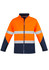 A unisex hi-vis softshell jacket in bright orange with navy accents and reflective stripes. Includes a logo.