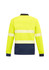 A long sleeve polo in hi-vis yellow with navy segments and reflective tape, featuring a collar and long sleeves.