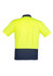A bright yellow unisex short sleeve polo shirt featuring a navy blue band at the bottom and a logo on the back.