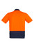 A unisex short sleeve polo shirt in bright orange and navy, featuring a logo on the back.