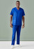 A model wearing blue scrub pants and a matching scrub top, featuring pockets and a logo on the top.