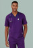 A man wears a purple scrub top with a V-neck and pockets, paired with a stethoscope around his neck.