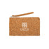 A cork pencil case with a zip closure and a wrist strap, featuring a branding logo in white.