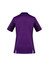 A purple women's scrub top with short sleeves and side slits, featuring a logo on the back.