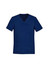 A navy blue men's V-neck scrub top with short sleeves and multiple pockets. It features a logo on the left side.