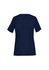 A navy women's scrub top with short sleeves and a round neck, featuring a logo.