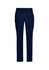 Navy blue straight leg scrub pants featuring side pockets and an elastic waistband. Includes a logo branding.