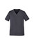 A women's V-neck scrub top in dark grey with short sleeves and two pockets. It features a logo on the side.