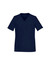 A navy V-neck scrub top for women featuring short sleeves and two front pockets. It has a branding logo.