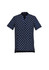 A navy blue tunic featuring a white daisy print, with a short collar and short sleeves. Includes a logo.