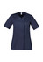 A navy blue women's scrub top with a zip front, crossover design, and short sleeves. Features pockets and a logo.