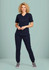 Navy women's scrub top, featuring a zip front and crossover design, paired with matching navy scrub pants.