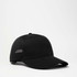 A black trucker cap featuring a solid front panel and mesh backing, designed for adult comfort.