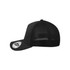 A black trucker cap featuring a mesh back and a curved brim, with a logo on the front.