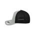 A grey and black trucker cap with a mesh back and a logo on the side.