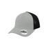 A grey and black trucker cap with a rounded crown and a mesh back, featuring a logo tag.