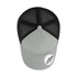 A grey trucker cap with a black mesh back, featuring a logo on the front.