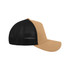 A tan and black UFlex Adults Comfort Trucker Cap with a mesh back and a curved brim, featuring a logo.
